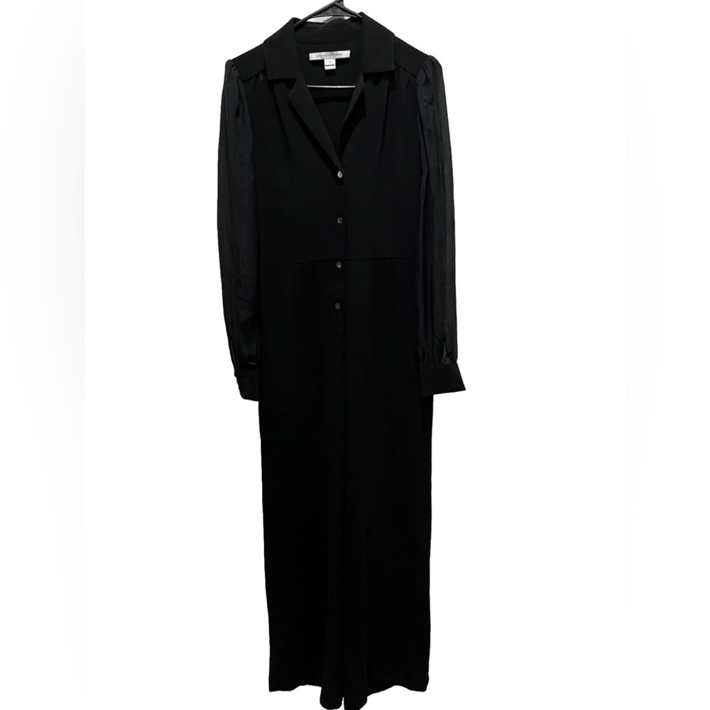 Diane Von Furstenberg Cathy Silk Black Button Up Jumpsuit Sheer Long Sleeves